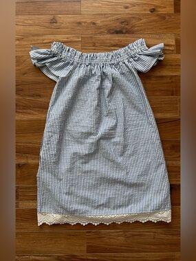 Zara Basic Blue & White Striped Seersucker Off The Shoulder Dress Lace Trim XS